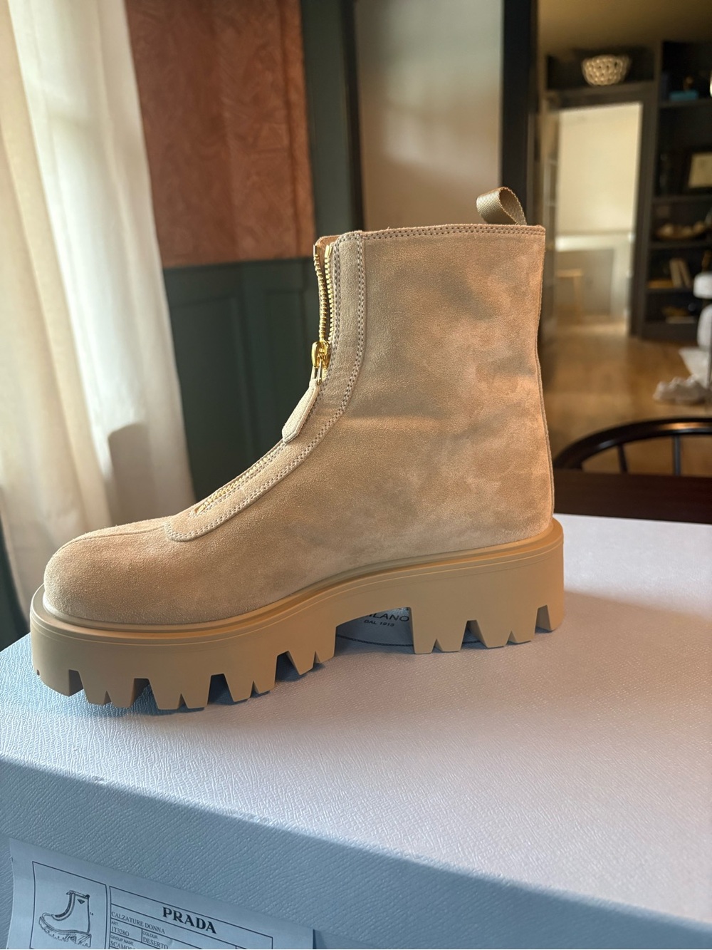 Prada Beige Suede Lug-Sole Ankle Boots - Picture 4 of 4